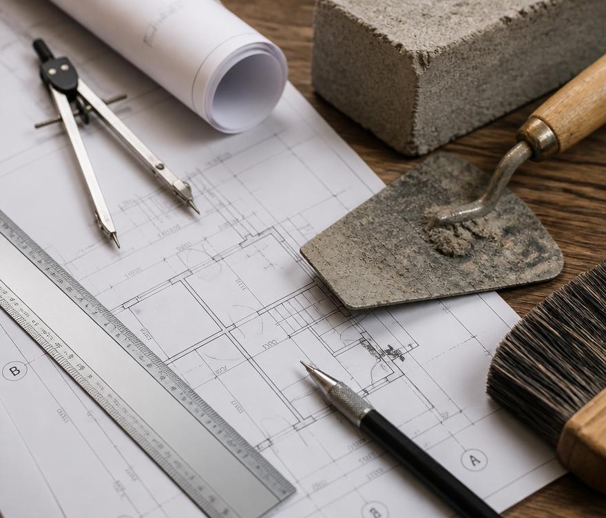 مخططات معمارية وأدوات ترميم على مكتب خشبي