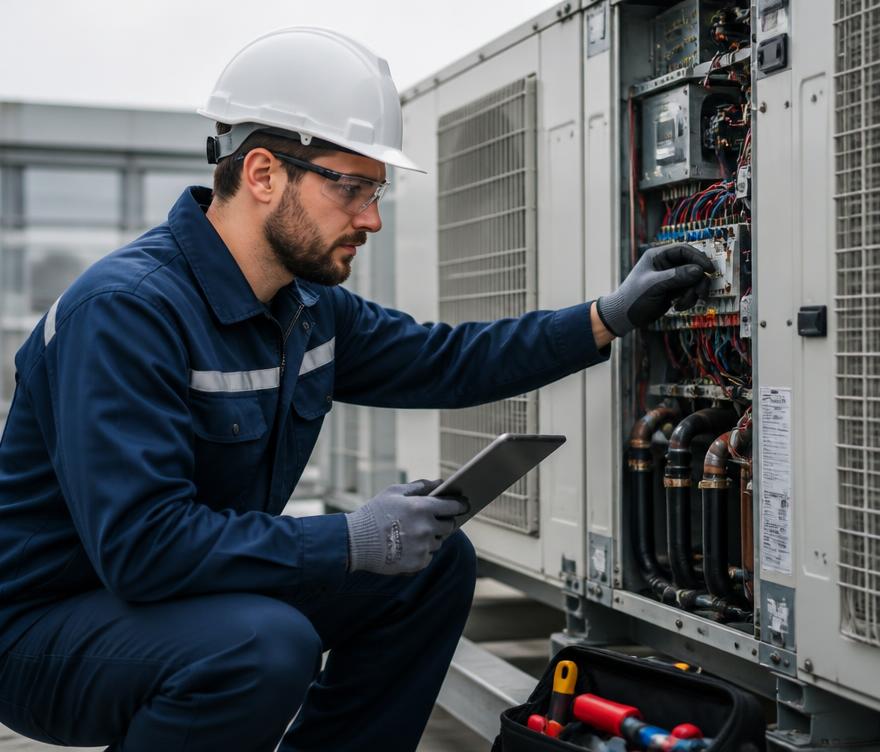 مهندس صيانة يفحص أنظمة التكييف بدقة